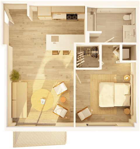 Floor plan for 1 bed, 1 bath, 749 sqft